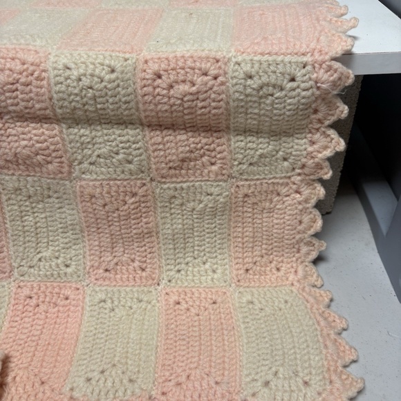 Vintage Handmade Crocheted Salmon Pink Cream Baby Blanket & Baby/Doll Dress - Picture 8 of 12